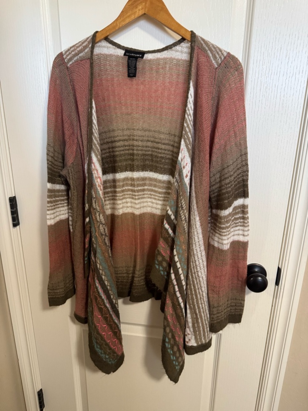 Lane Bryant Open-Front Striped Knit Cardigan in Pink, Brown & Cream